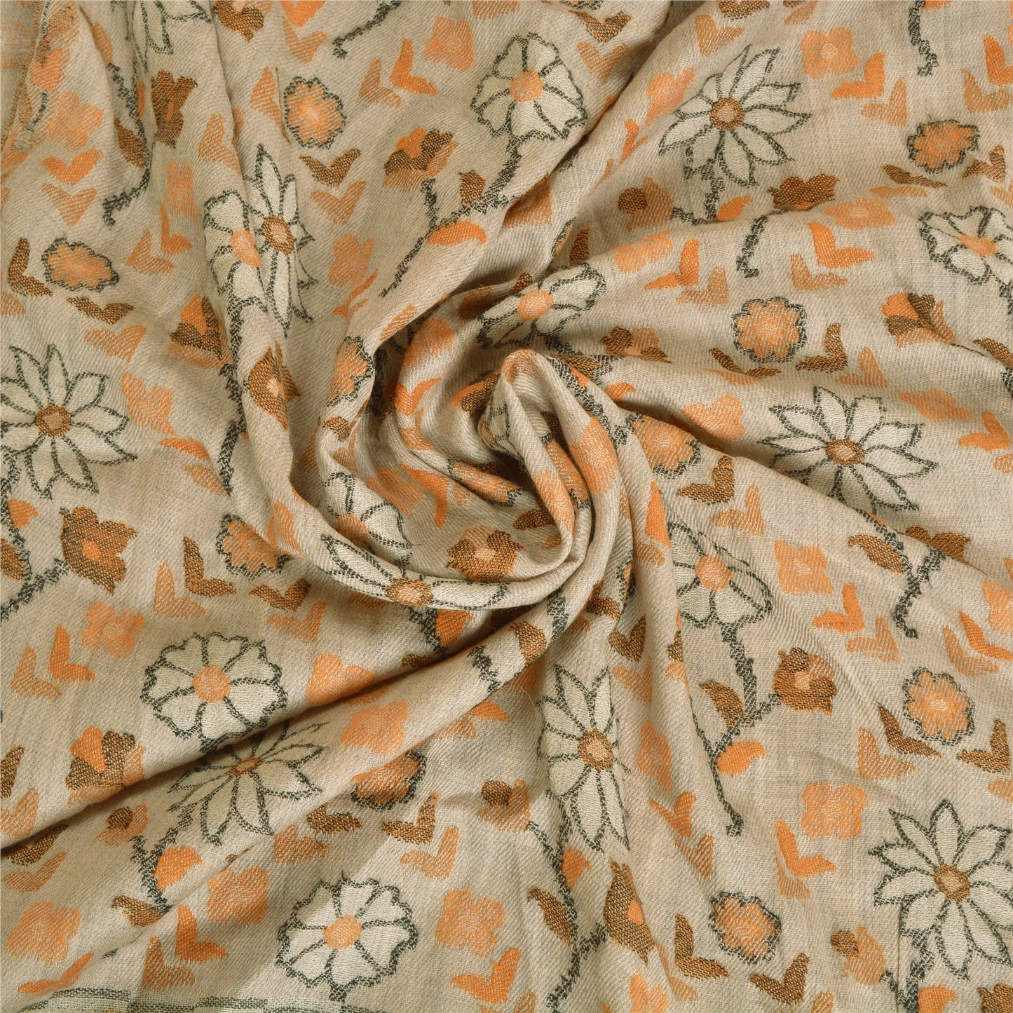 Sanskriti Vintage Long Pure Woollen Ivory Shawl Hand-Woven Scarf Throw Stole