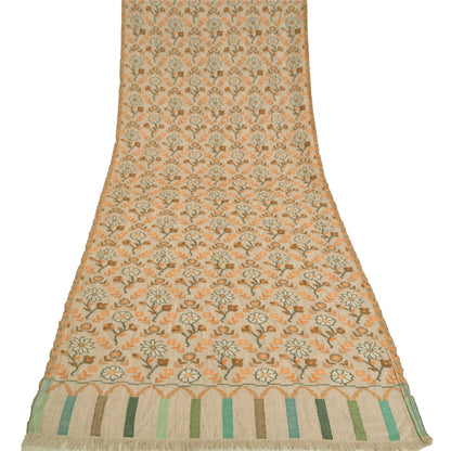 Sanskriti Vintage Long Pure Woollen Ivory Shawl Hand-Woven Scarf Throw Stole