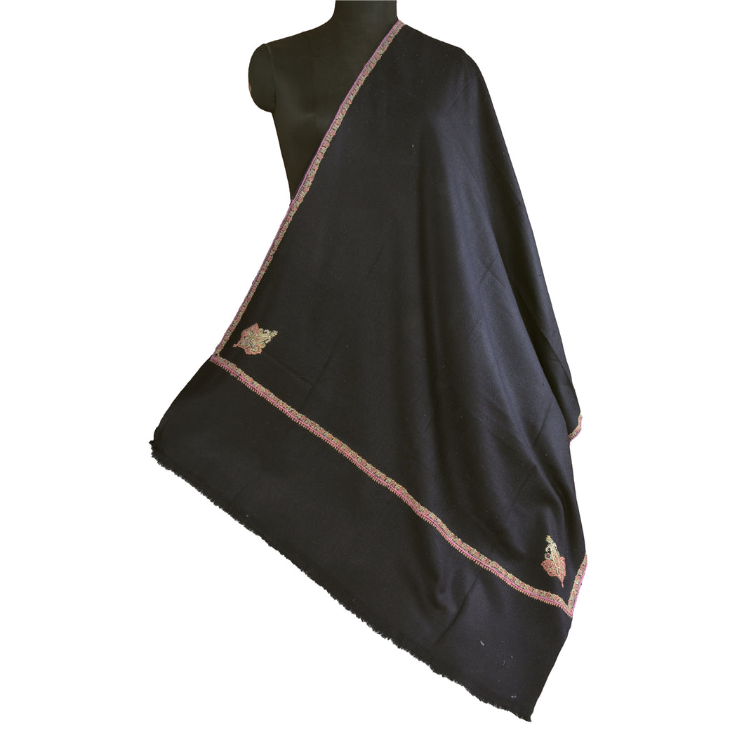 Sanskriti Vintage Long Woollen Black Shawl Hand Embroidered Suzani Scarf Stole