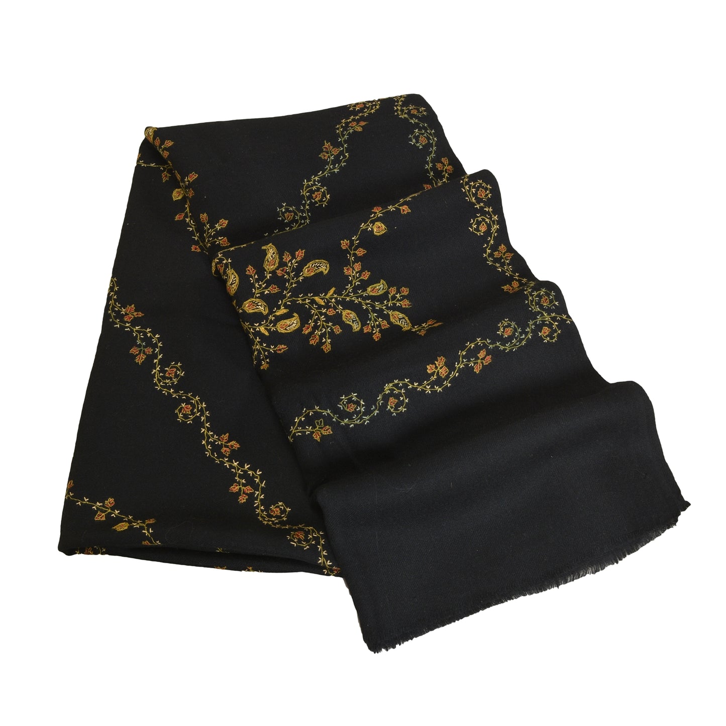 Sanskriti Vintage Long Pure Woollen Black Shawl Handmade Suzani Scarf Stole