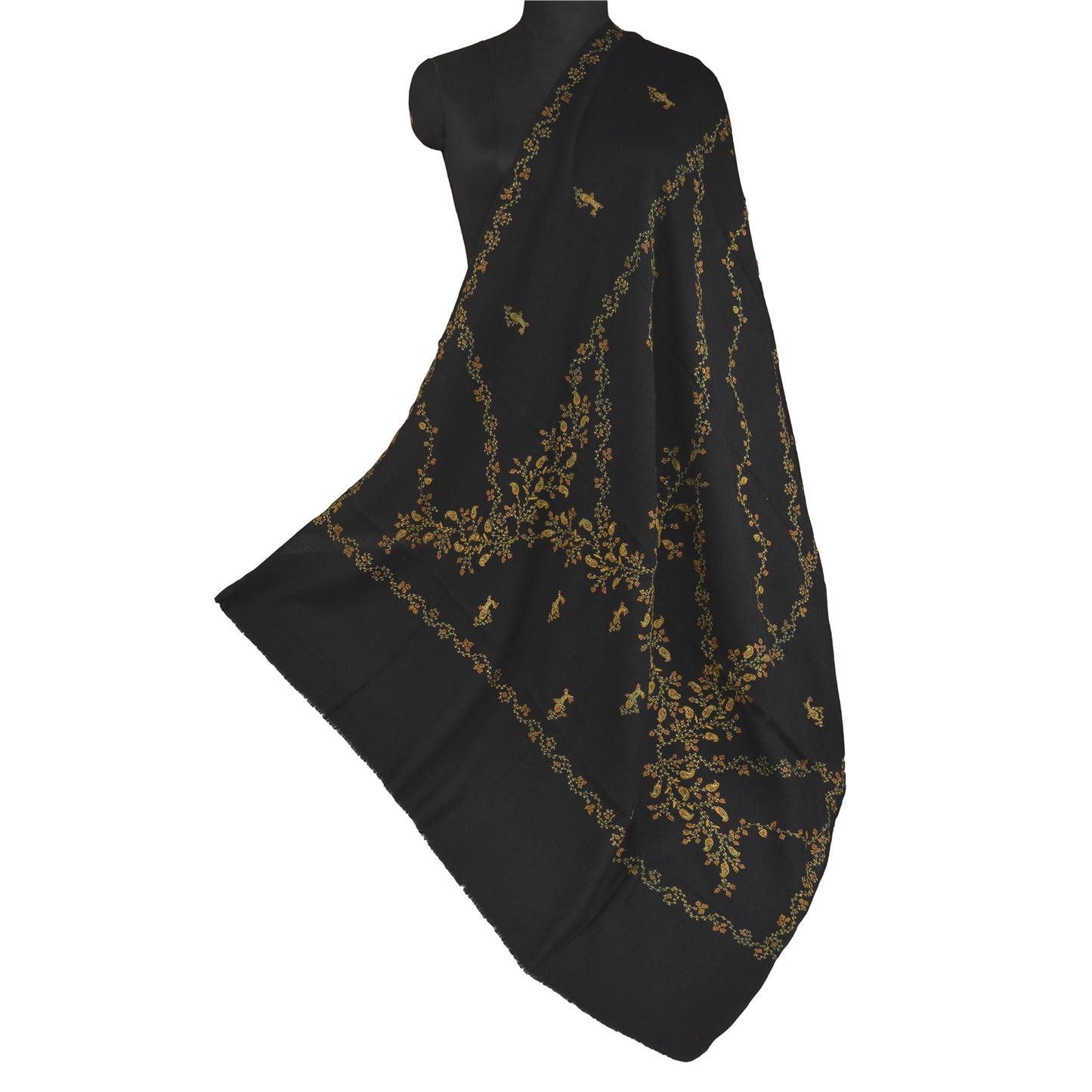 Sanskriti Vintage Long Pure Woollen Black Shawl Handmade Suzani Scarf Stole