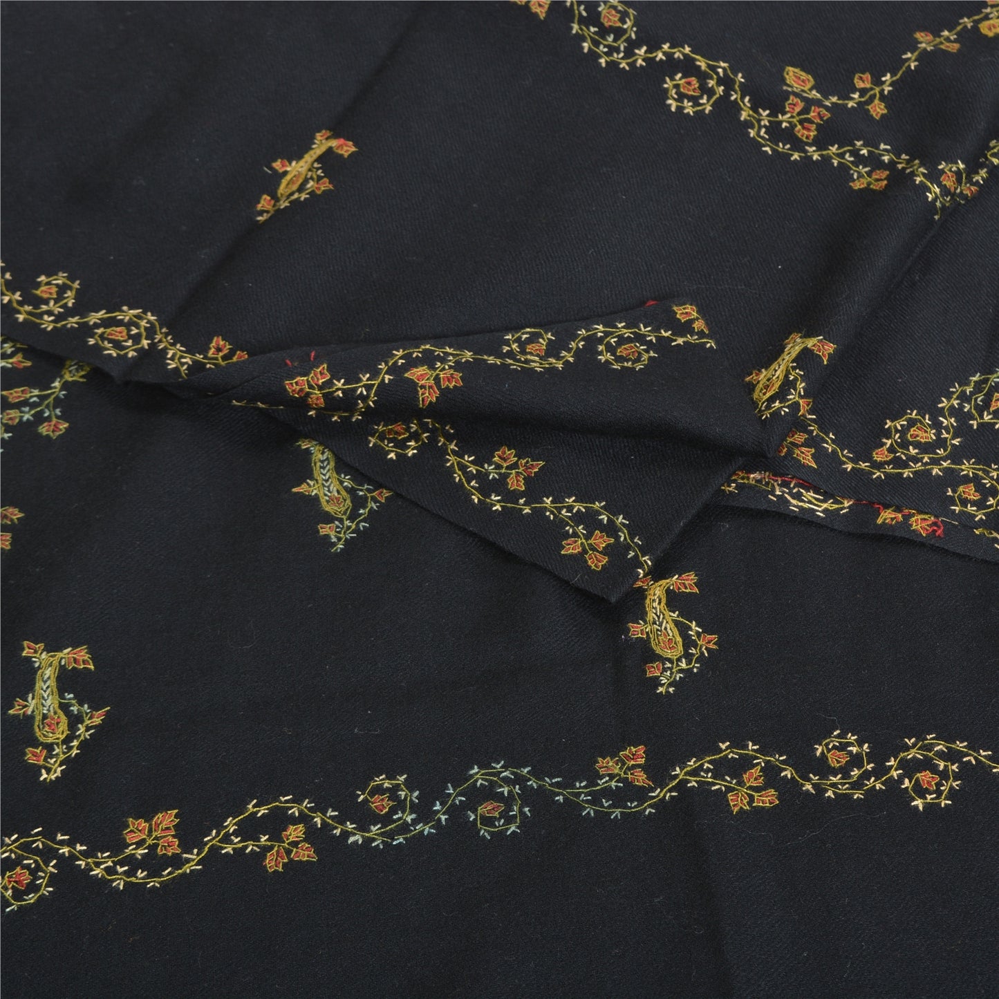 Sanskriti Vintage Long Pure Woollen Black Shawl Handmade Suzani Scarf Stole