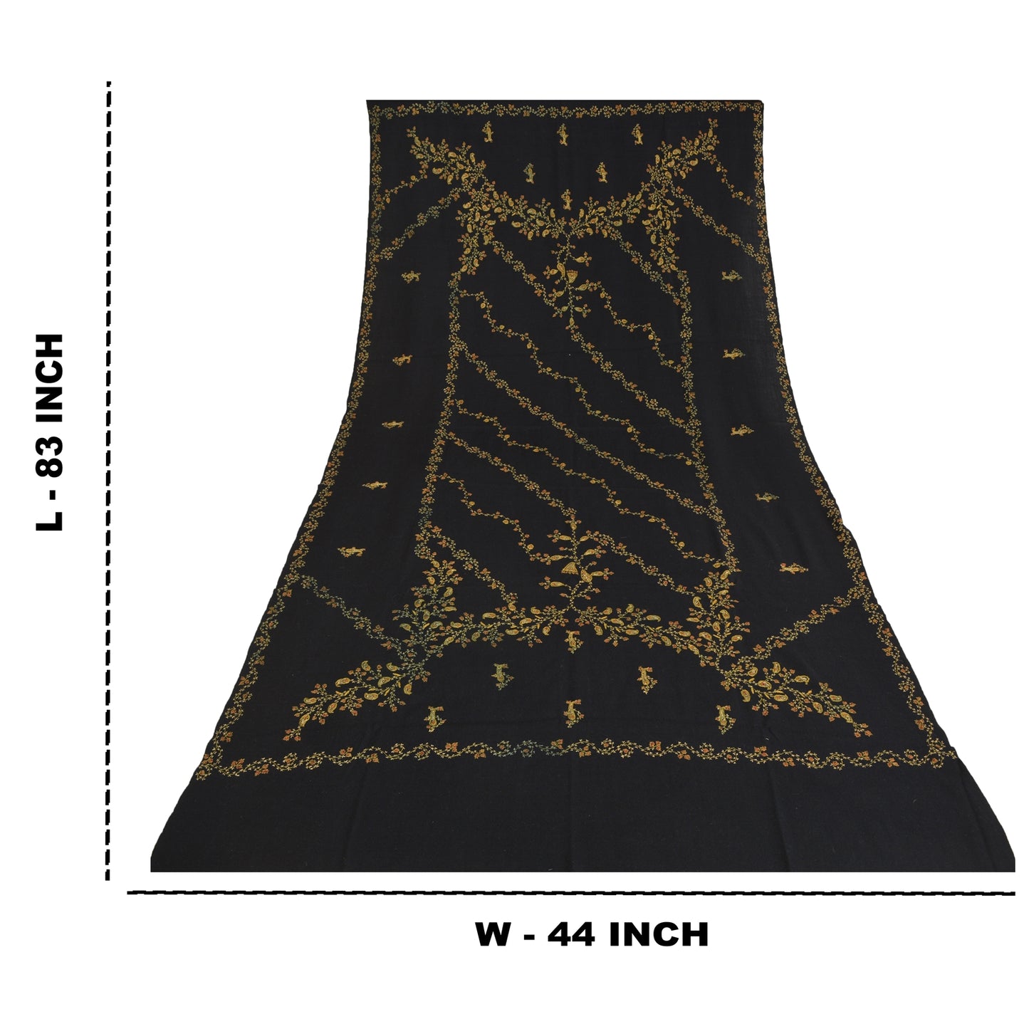 Sanskriti Vintage Long Pure Woollen Black Shawl Handmade Suzani Scarf Stole