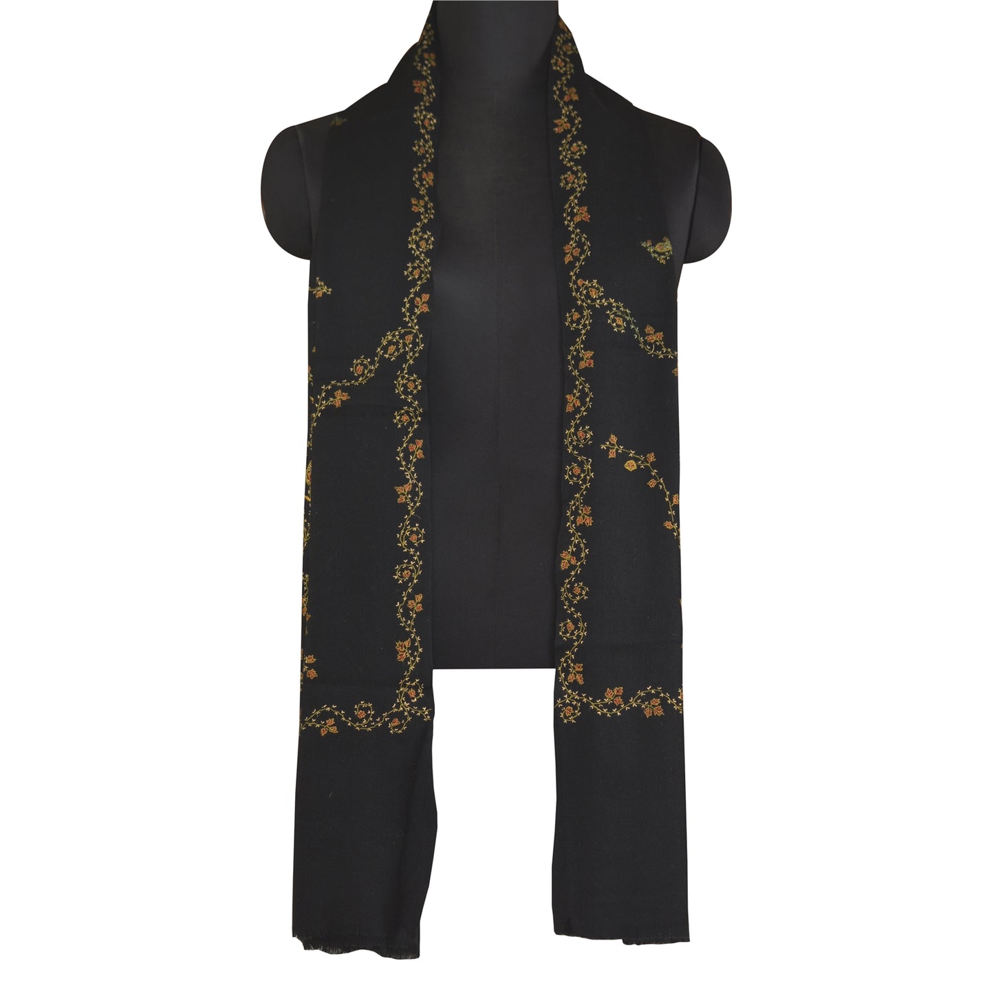 Sanskriti Vintage Long Pure Woollen Black Shawl Handmade Suzani Scarf Stole