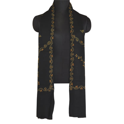 Sanskriti Vintage Long Pure Woollen Black Shawl Handmade Suzani Scarf Stole