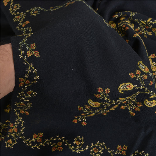 Sanskriti Vintage Long Pure Woollen Black Shawl Handmade Suzani Scarf Stole