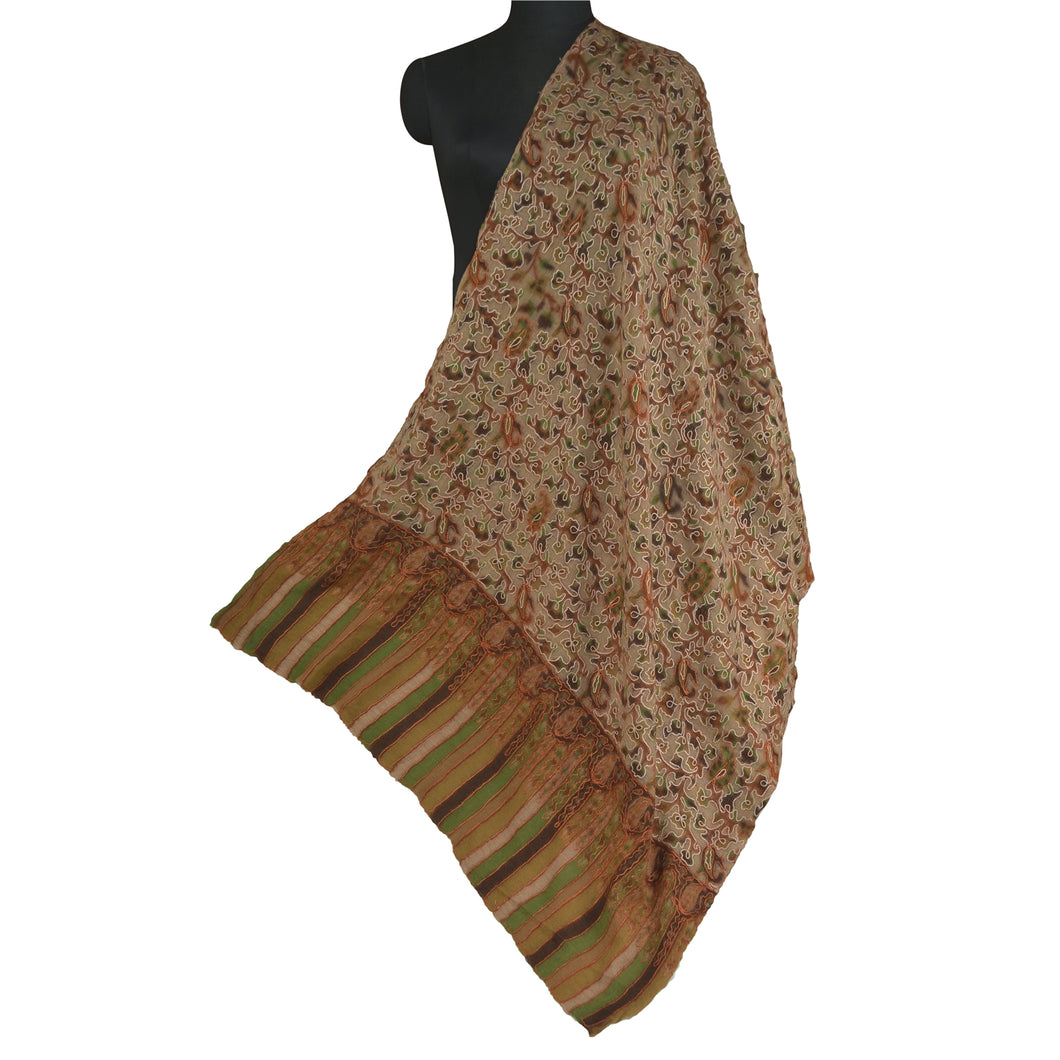 Sanskriti Vintage Long Pure Woollen Brown Shawl Handmade Ari Work Scarf Stole