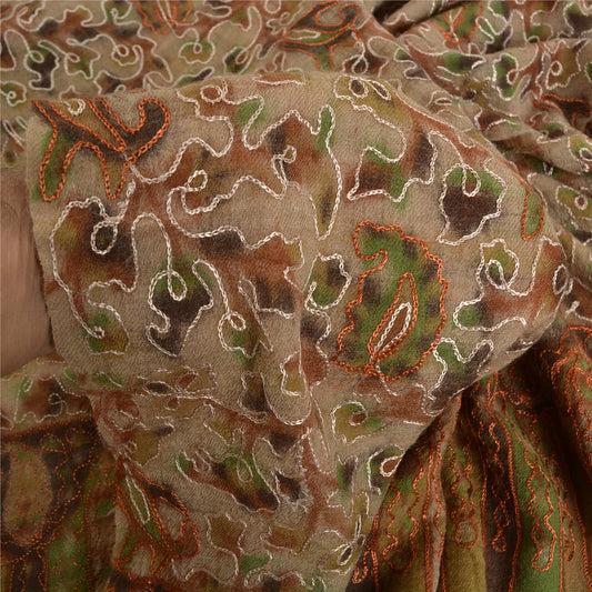 Sanskriti Vintage Long Pure Woollen Brown Shawl Handmade Ari Work Scarf Stole