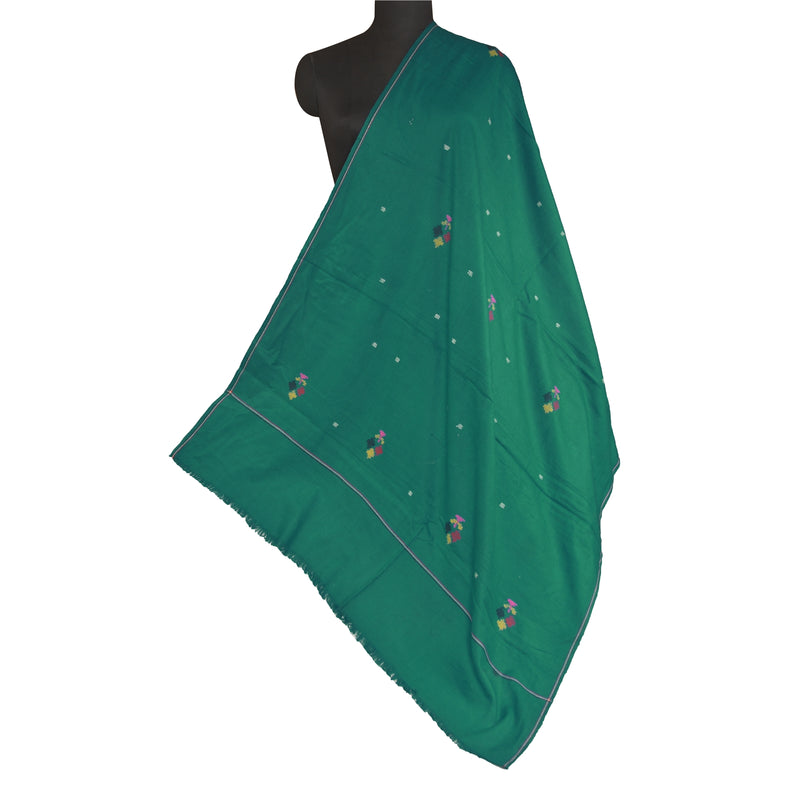 Sanskriti Vintage Long Woollen Green Shawl Hand-Woven Scarf Throw Soft Stole