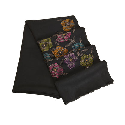 Sanskriti Vintage Long Pure Woollen Black Shawl Hand Beaded Throw Scarf Stole