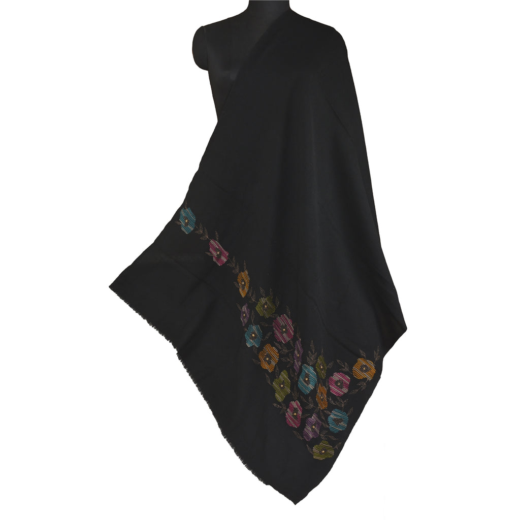 Sanskriti Vintage Long Pure Woollen Black Shawl Hand Beaded Throw Scarf Stole