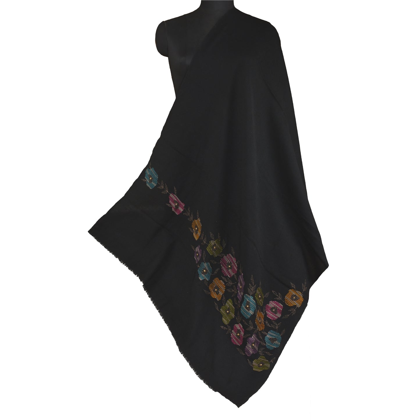 Sanskriti Vintage Long Pure Woollen Black Shawl Hand Beaded Throw Scarf Stole