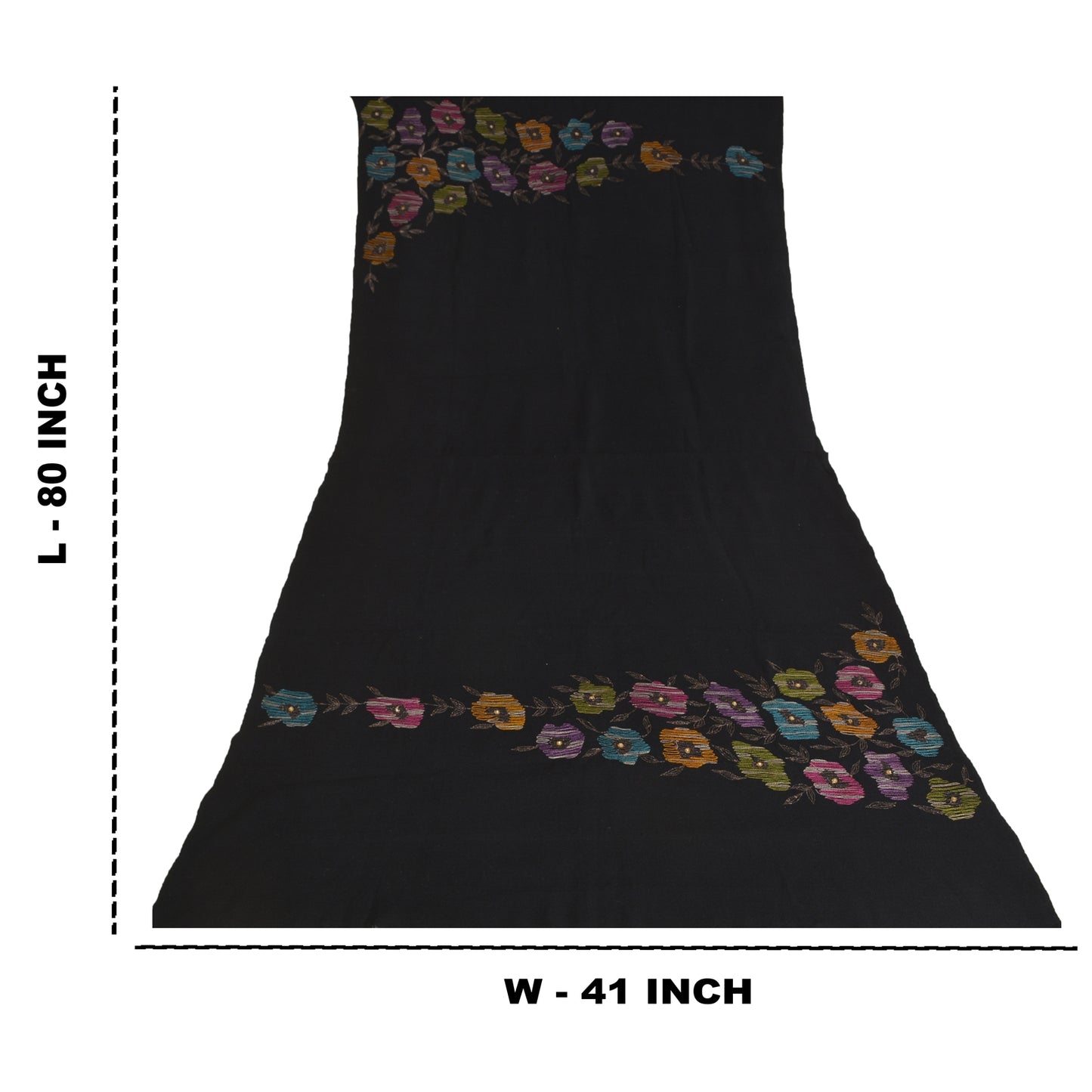 Sanskriti Vintage Long Pure Woollen Black Shawl Hand Beaded Throw Scarf Stole