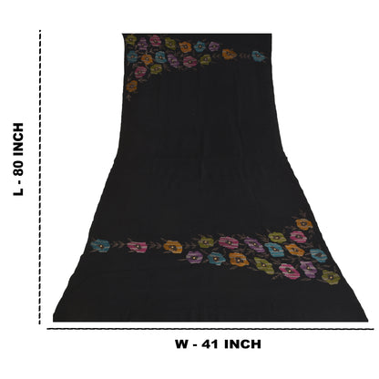 Sanskriti Vintage Long Pure Woollen Black Shawl Hand Beaded Throw Scarf Stole