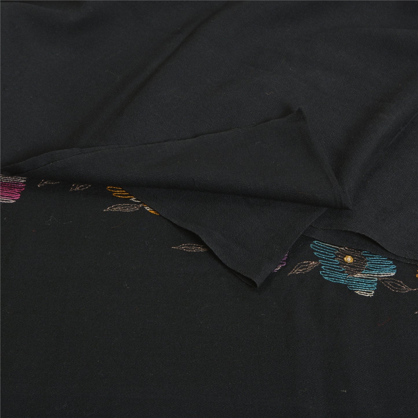 Sanskriti Vintage Long Pure Woollen Black Shawl Hand Beaded Throw Scarf Stole