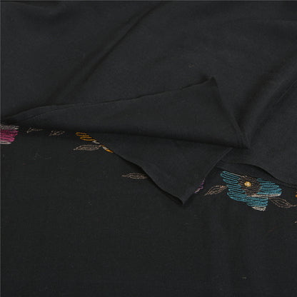 Sanskriti Vintage Long Pure Woollen Black Shawl Hand Beaded Throw Scarf Stole