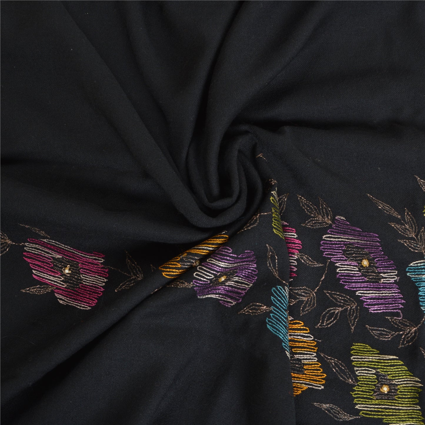 Sanskriti Vintage Long Pure Woollen Black Shawl Hand Beaded Throw Scarf Stole