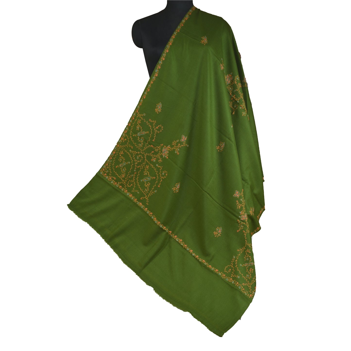 Sanskriti Vintage Langt Uldgrønt Sjal Håndbroderet Suzani Tørklædestole