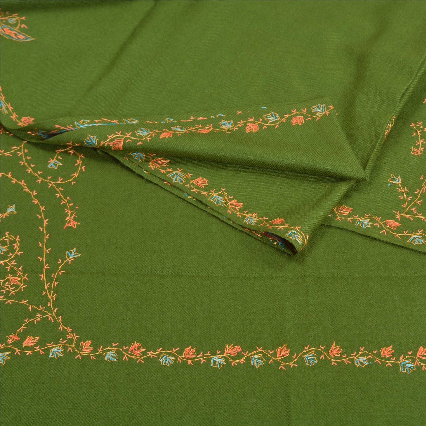 Sanskriti Vintage Langt Uldgrønt Sjal Håndbroderet Suzani Tørklædestole