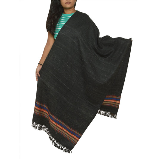 Sanskriti Vintage Long Black Pure Woolen Shawl Woven Scarf Throw Soft Stole