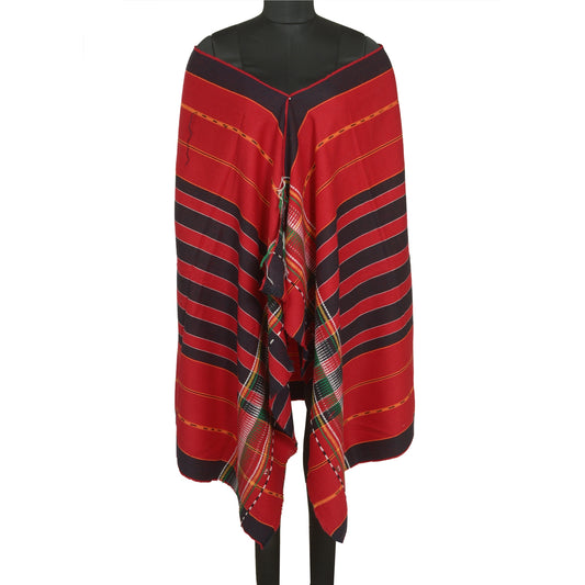 Sanskriti Vintage Long Red & Black Pure Woolen Shawl Hand-Woven Scarf Throw Floral Stole