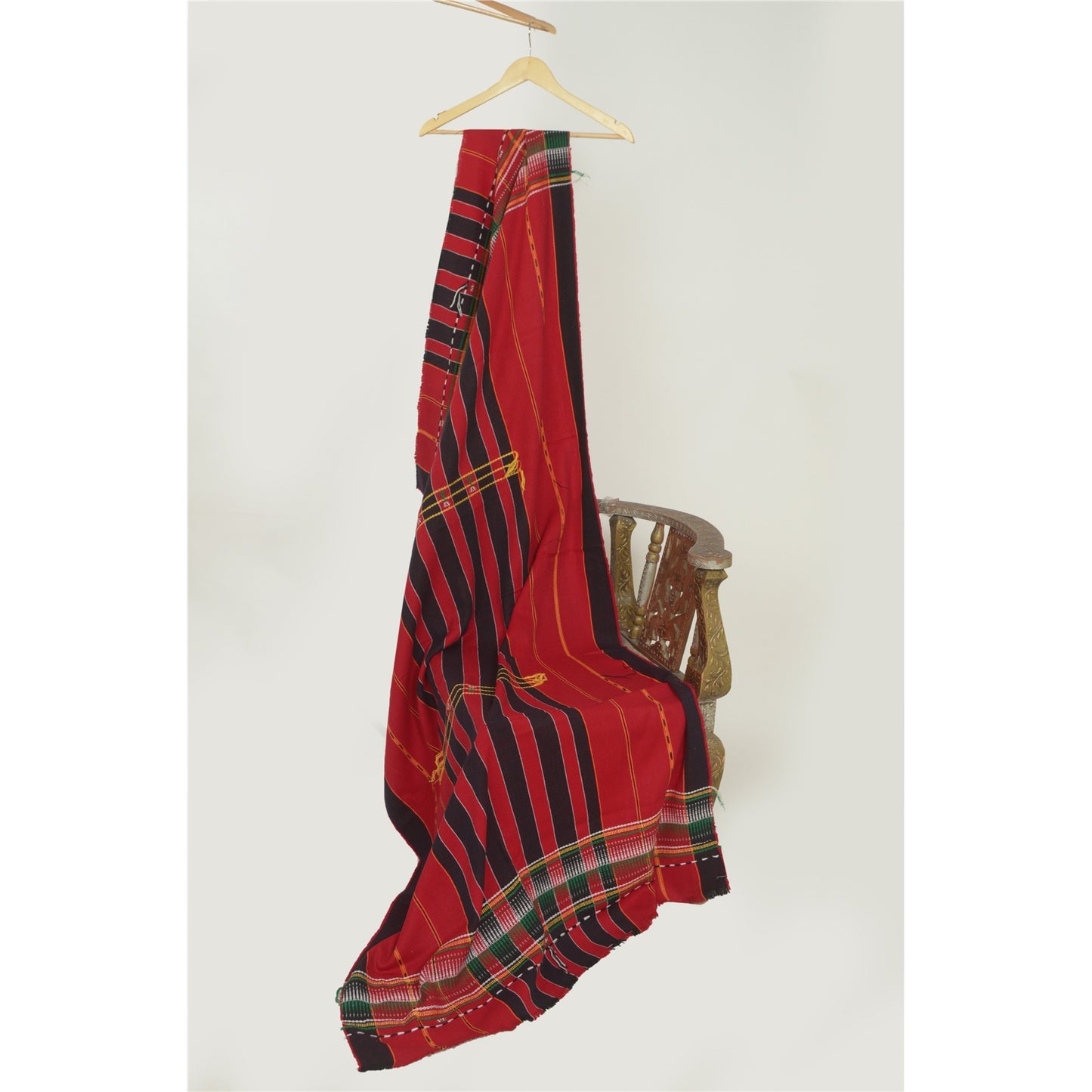 Sanskriti Vintage Long Red Pure Woolen Shawl Hand-Woven Scarf Throw Floral Stole