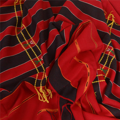 Sanskriti Vintage Long Red Pure Woolen Shawl Hand-Woven Scarf Throw Floral Stole