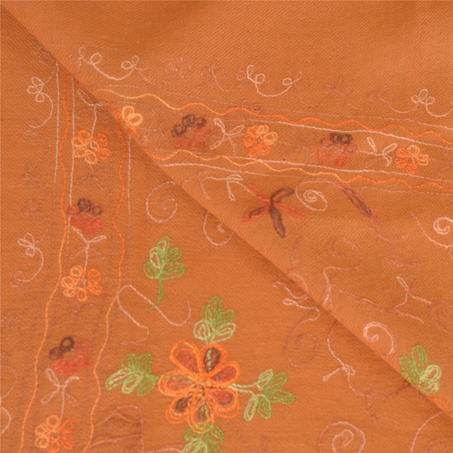 Sanskriti Vintage Long Saffron Pure Woolen Shawl Handmade Ari Work Scarf Stole