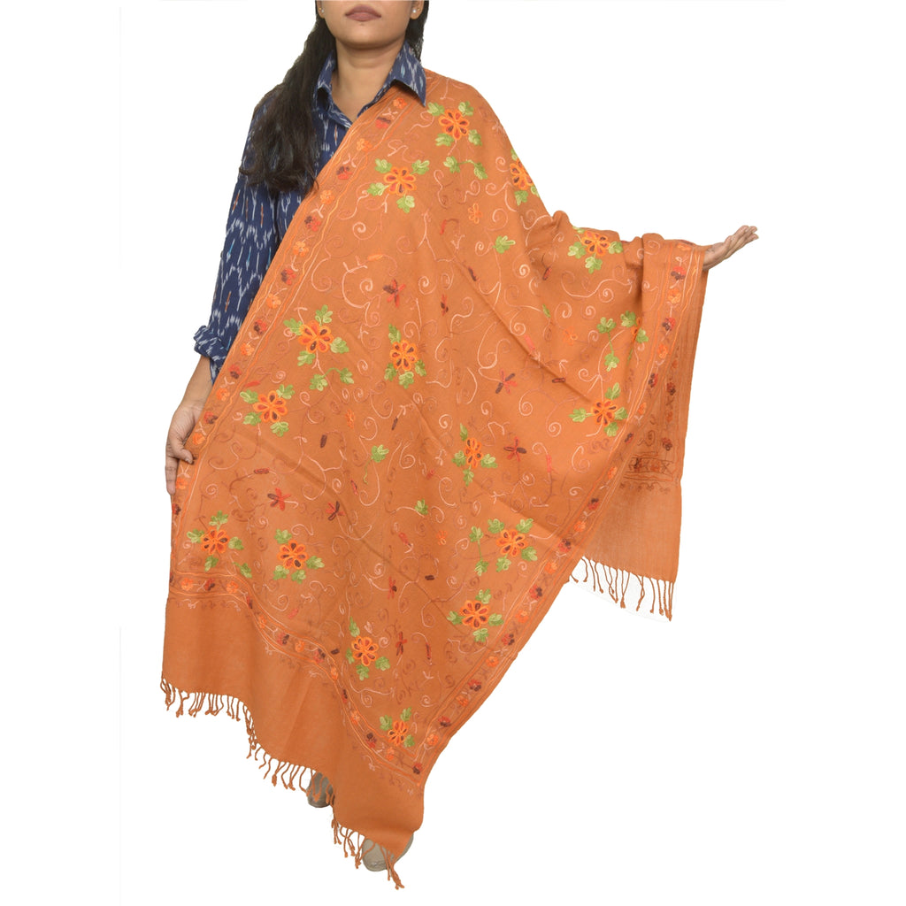 Sanskriti Vintage Long Saffron Pure Woolen Shawl Handmade Ari Work Scarf Stole