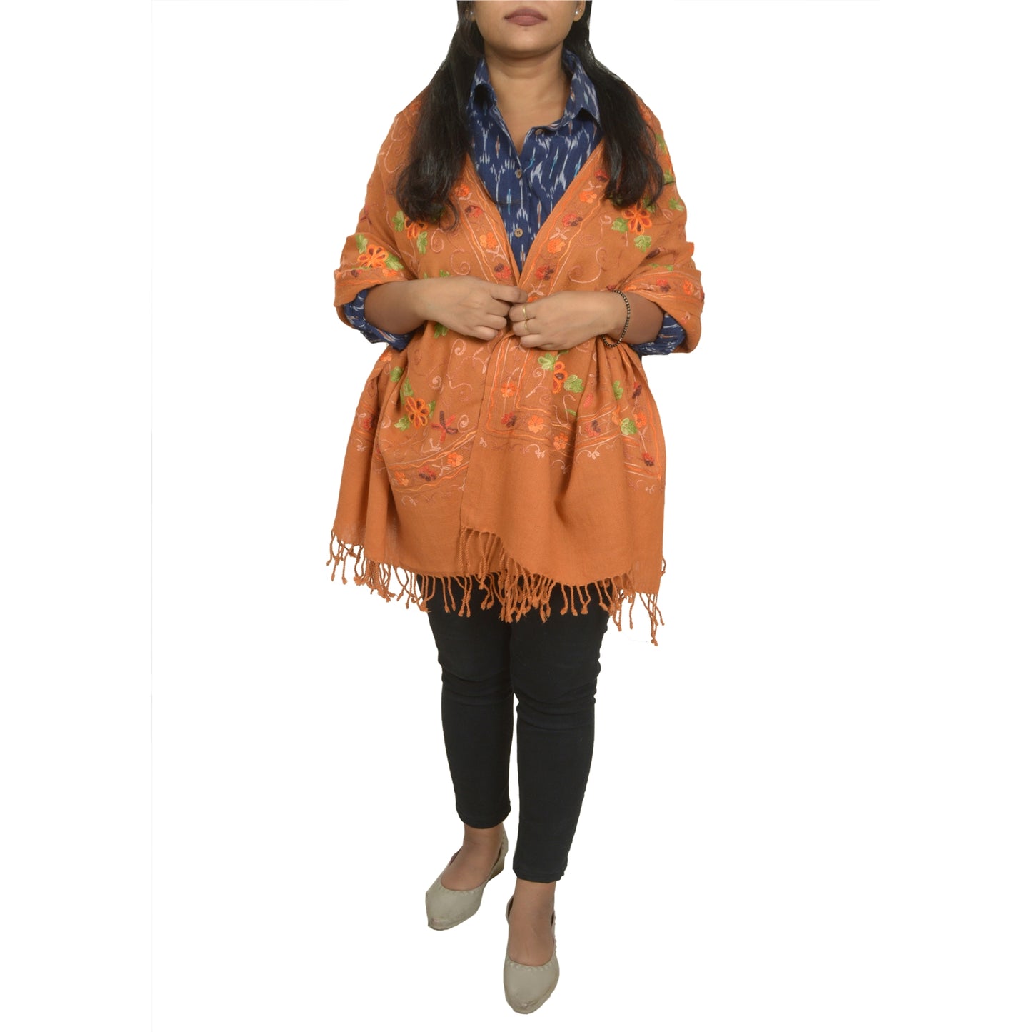 Sanskriti Vintage Long Saffron Pure Woolen Shawl Handmade Ari Work Scarf Stole