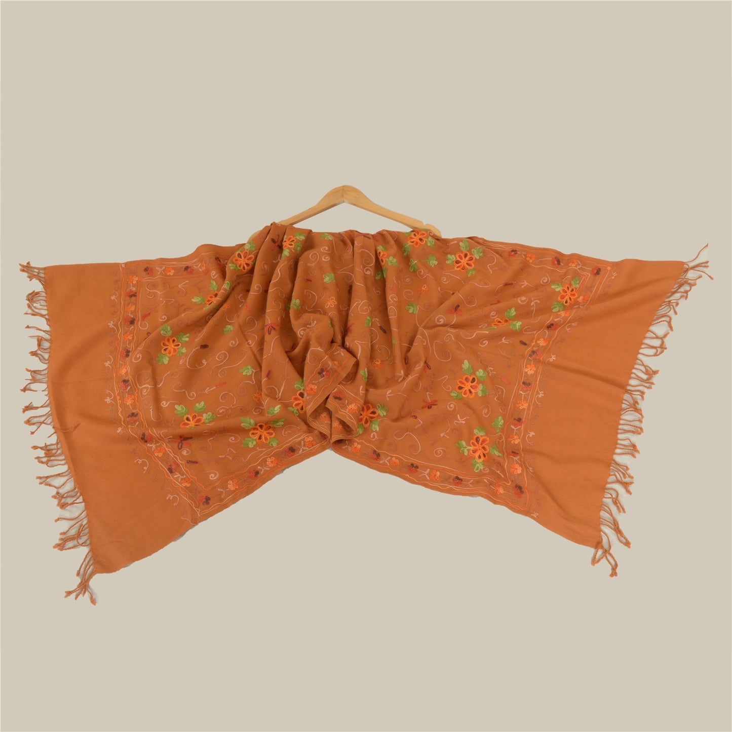 Sanskriti Vintage Long Saffron Pure Woolen Shawl Handmade Ari Work Scarf Stole