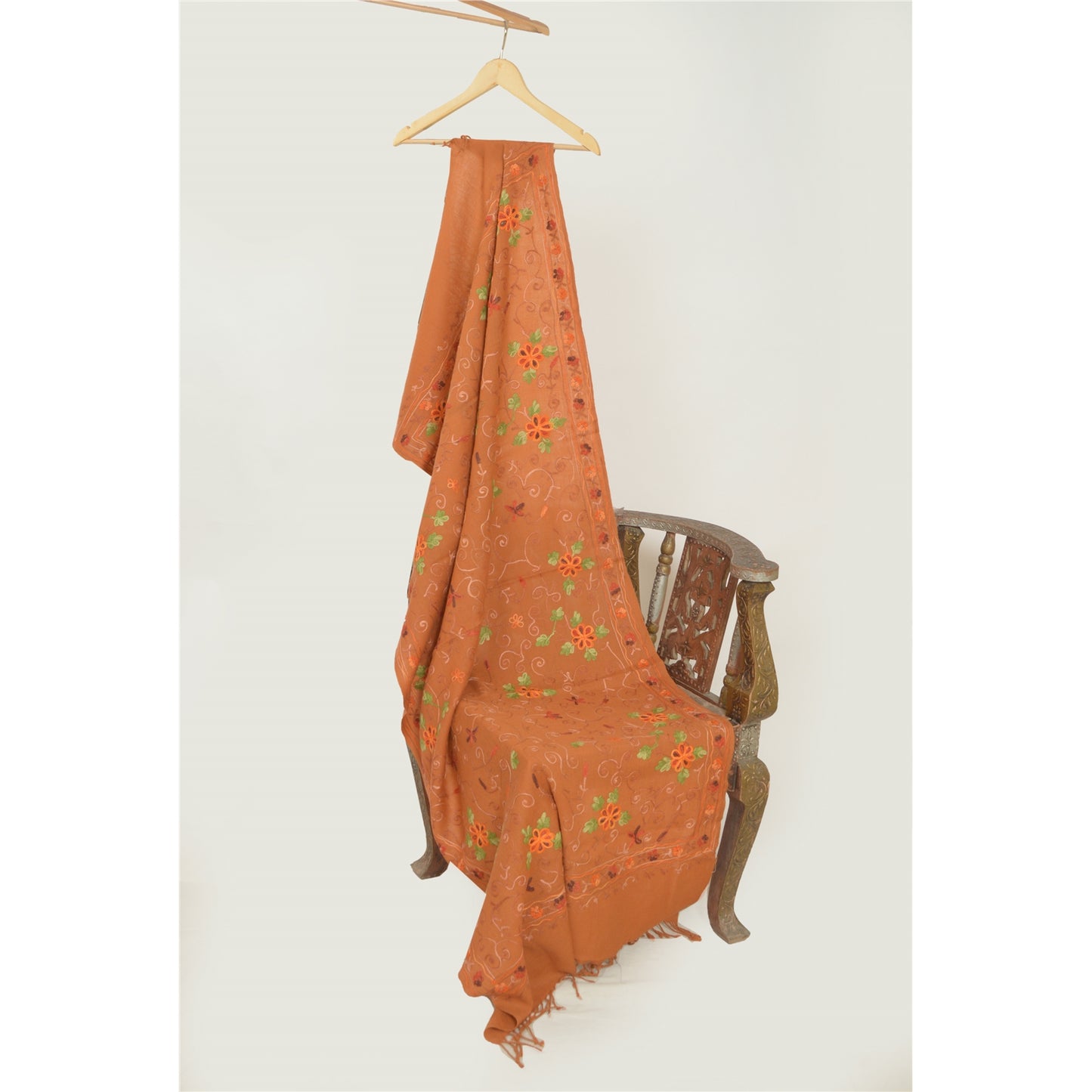 Sanskriti Vintage Long Saffron Pure Woolen Shawl Handmade Ari Work Scarf Stole