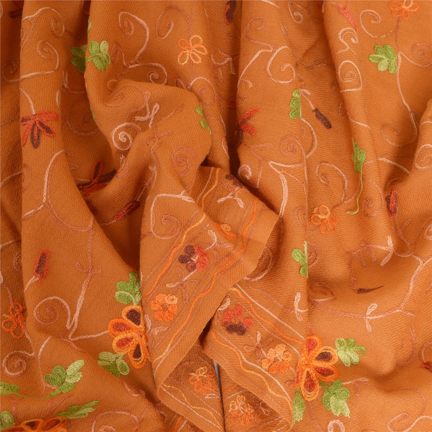 Sanskriti Vintage Long Saffron Pure Woolen Shawl Handmade Ari Work Scarf Stole