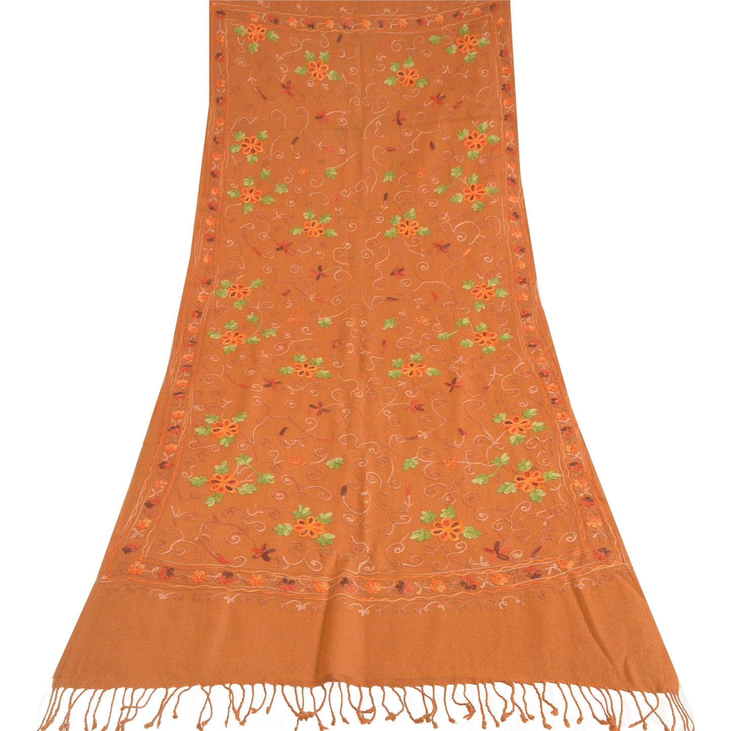 Sanskriti Vintage Long Saffron Pure Woolen Shawl Handmade Ari Work Scarf Stole
