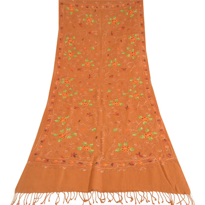 Sanskriti Vintage Long Saffron Pure Woolen Shawl Handmade Ari Work Scarf Stole