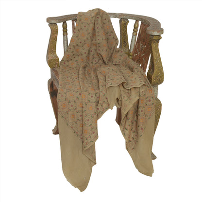 Sanskriti Vintage Ivory Pure Woolen Shawl Handmade Kantha Long Throw Stole