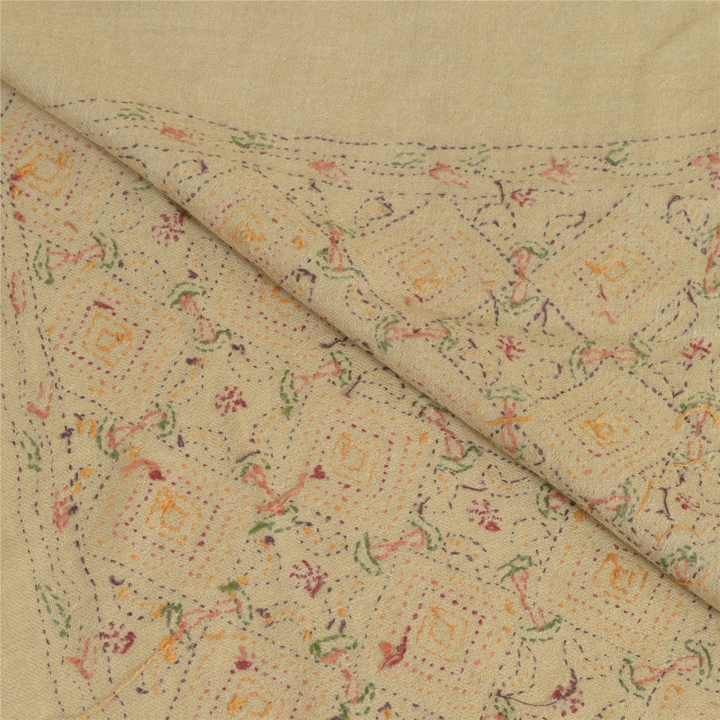 Sanskriti Vintage Ivory Pure Woolen Shawl Handmade Kantha Long Throw Stole