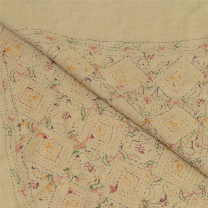 Sanskriti Vintage Ivory Pure Woolen Shawl Handmade Kantha Long Throw Stole