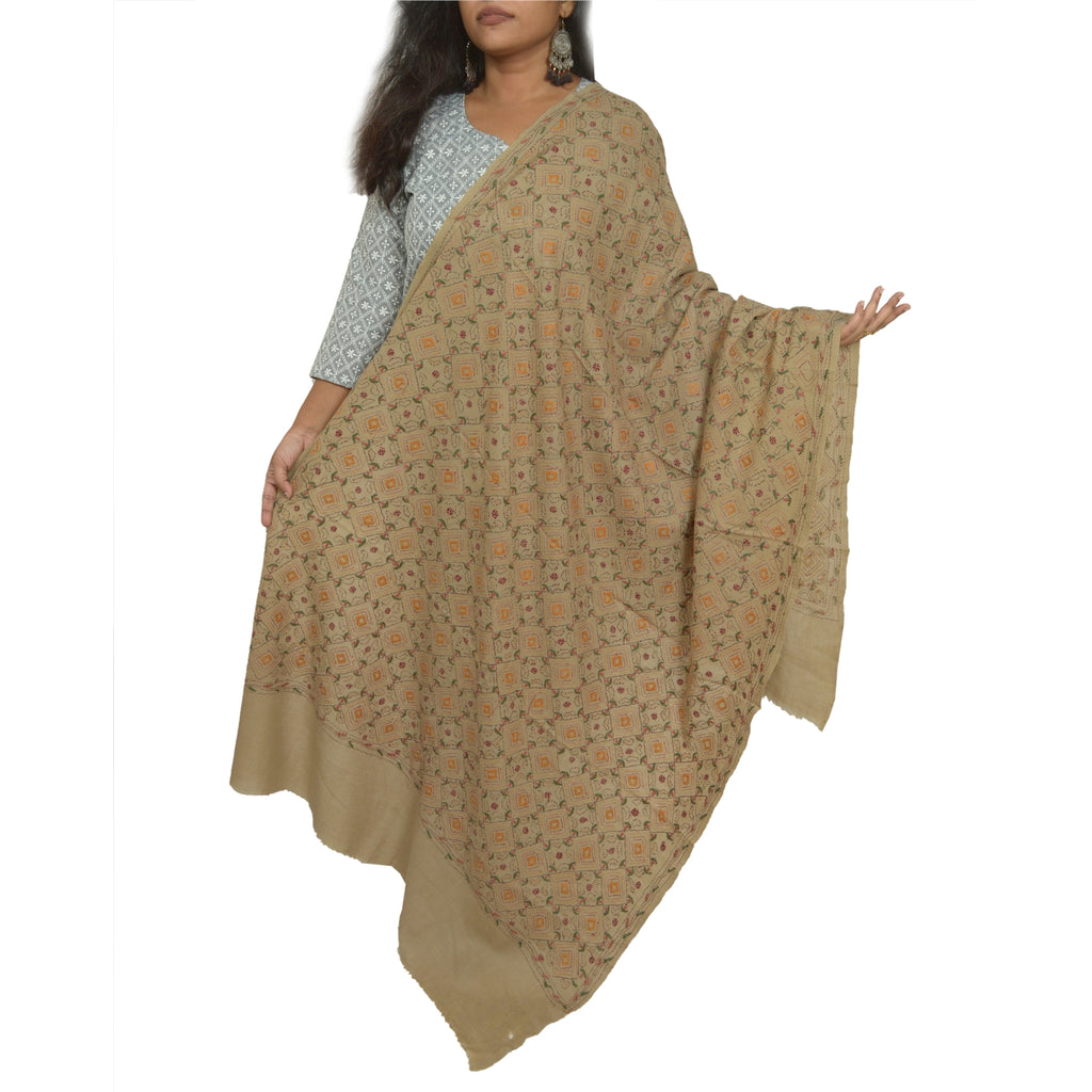 Sanskriti Vintage Ivory Pure Woolen Shawl Handmade Kantha Long Throw Stole