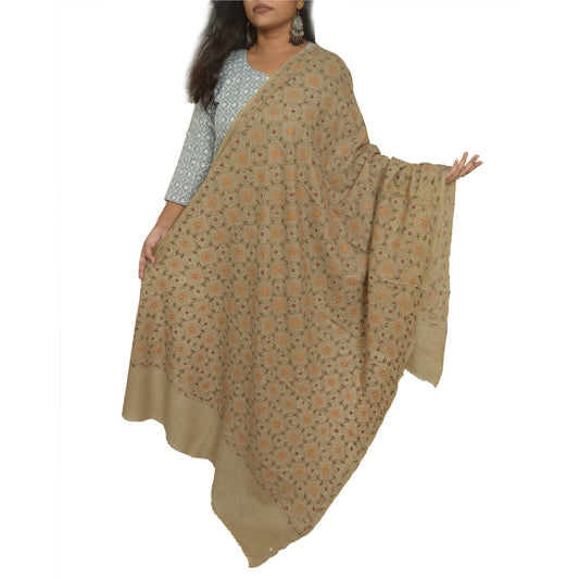 Sanskriti Vintage Ivory Pure Woolen Shawl Handmade Kantha Long Throw Stole