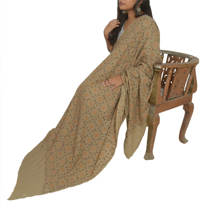 Sanskriti Vintage Ivory Pure Woolen Shawl Handmade Kantha Long Throw Stole