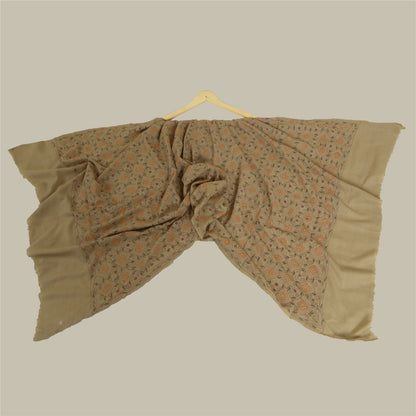 Sanskriti Vintage Ivory Pure Woolen Shawl Handmade Kantha Long Throw Stole