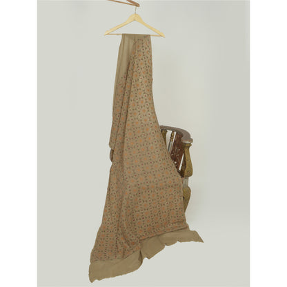 Sanskriti Vintage Ivory Pure Woolen Shawl Handmade Kantha Long Throw Stole