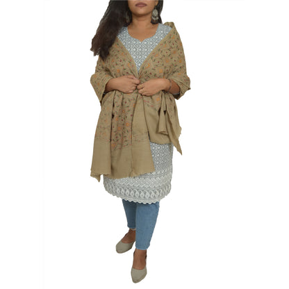 Sanskriti Vintage Ivory Pure Woolen Shawl Handmade Kantha Long Throw Stole