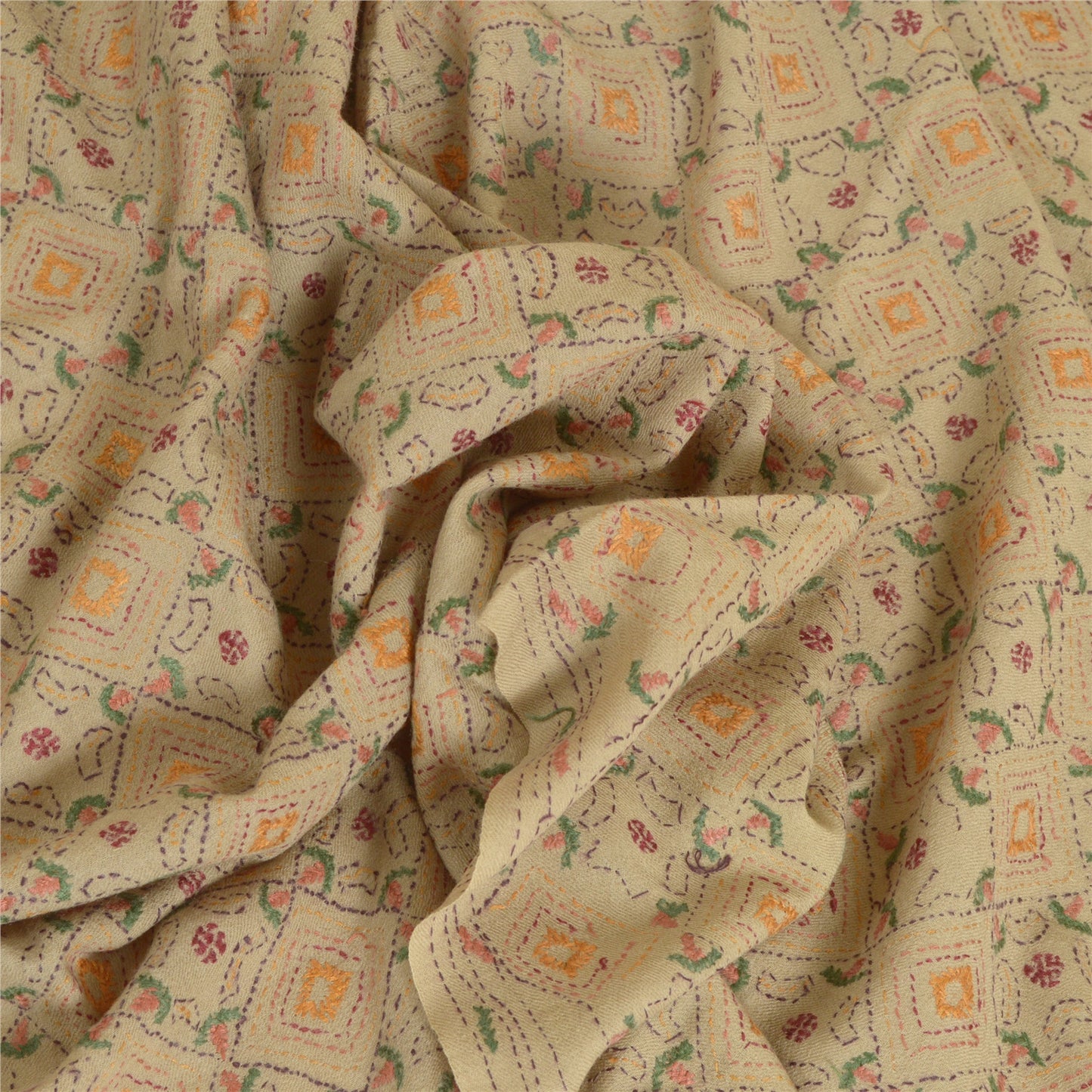 Sanskriti Vintage Ivory Pure Woolen Shawl Handmade Kantha Long Throw Stole