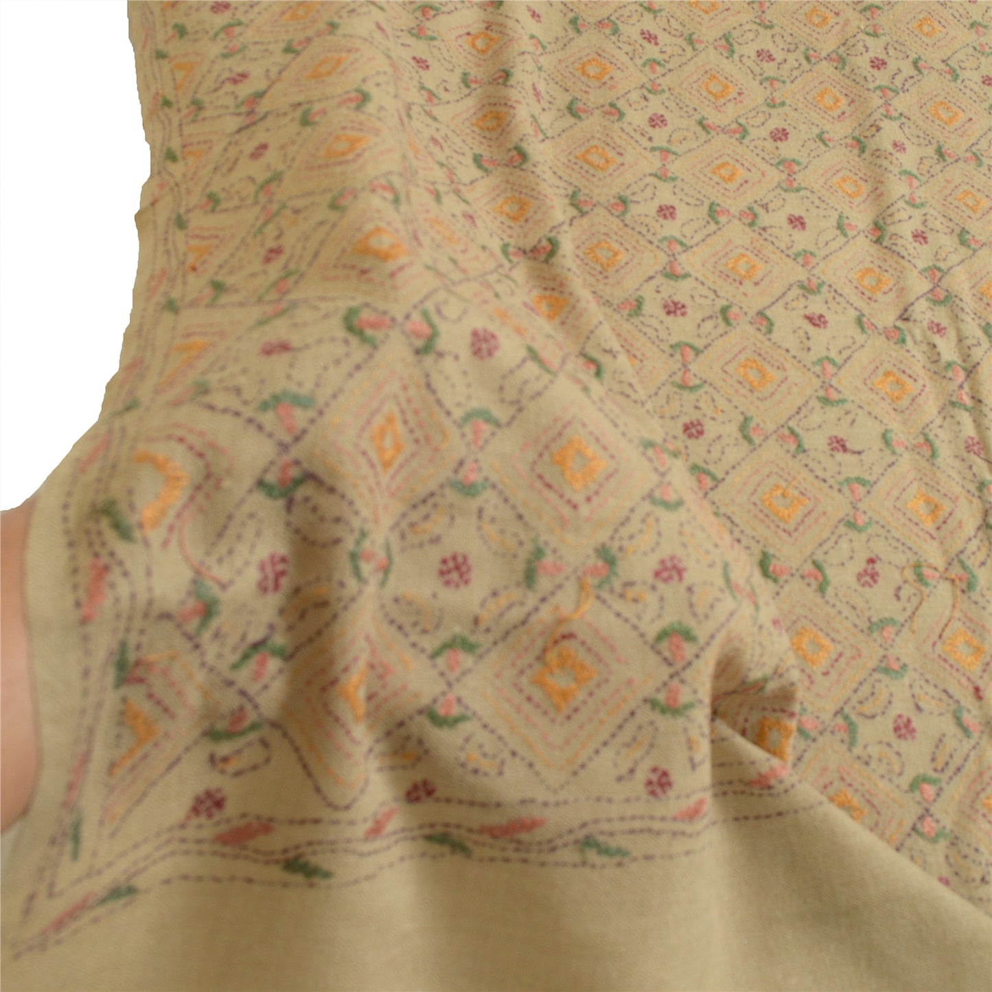 Sanskriti Vintage Ivory Pure Woolen Shawl Handmade Kantha Long Throw Stole