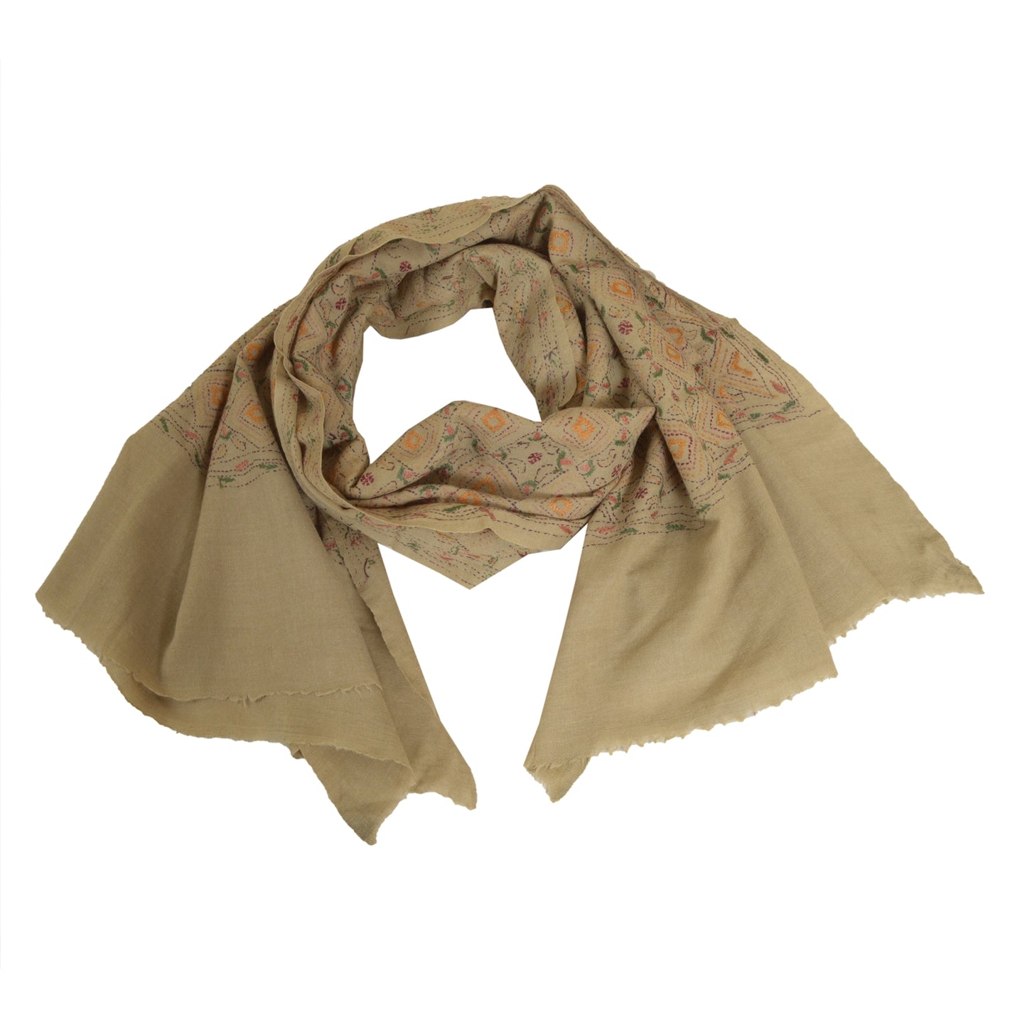 Sanskriti Vintage Ivory Pure Woolen Shawl Handmade Kantha Long Throw Stole