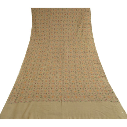 Sanskriti Vintage Ivory Pure Woolen Shawl Handmade Kantha Long Throw Stole