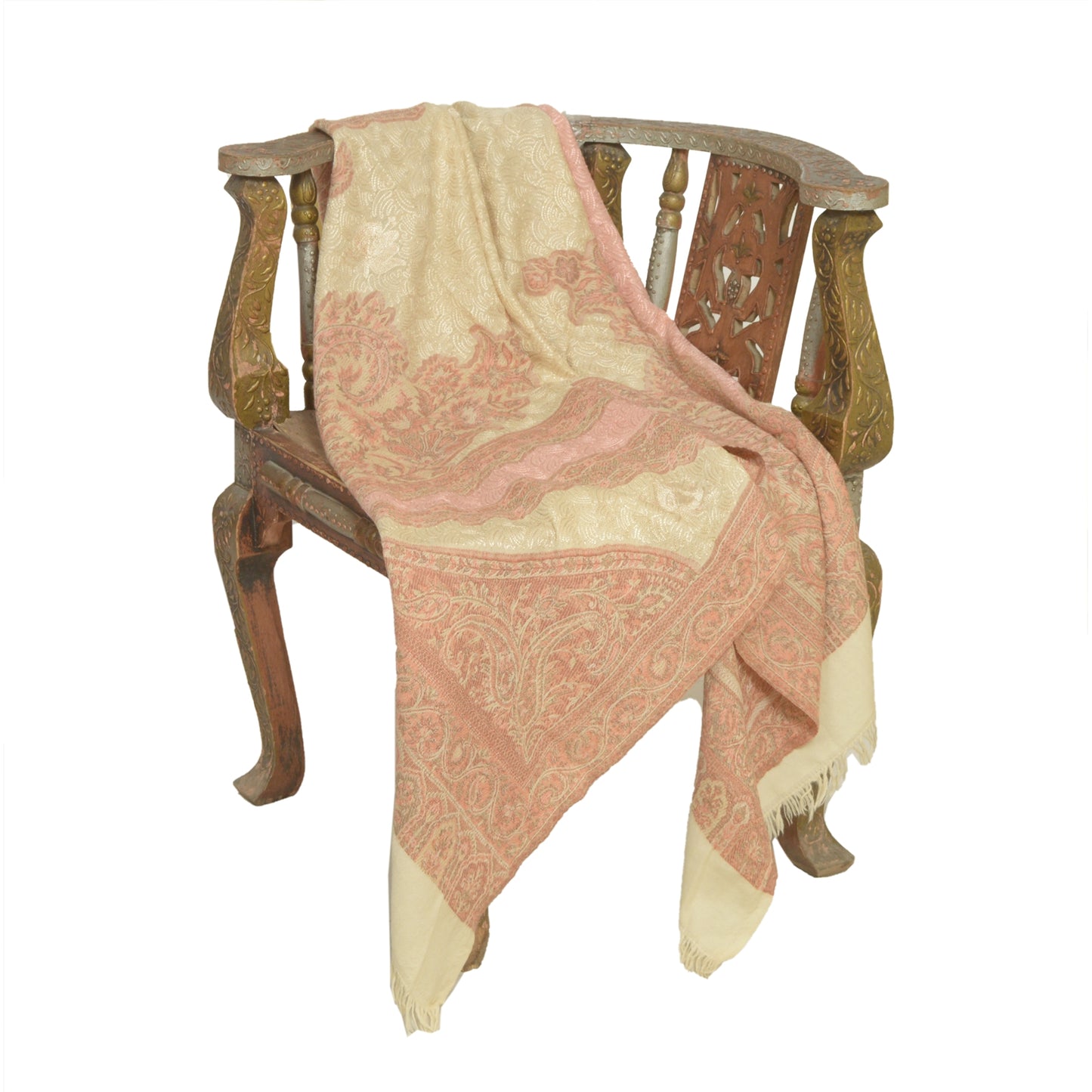 Sanskriti Vintage Long Ivory Pure Woolen Shawl Handmade Ari Work Scarf Stole