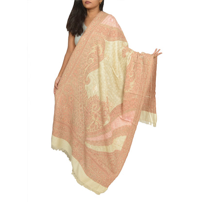 Sanskriti Vintage Long Ivory Pure Woolen Shawl Handmade Ari Work Scarf Stole
